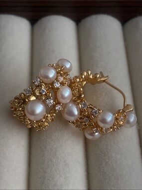 Gold Pearl Cluster Hoop Earrings with Crystal Accents - Women Jewelry